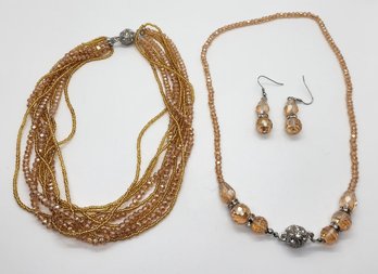 Champagne Beads, Austrian Crystal Earrings & Drape Necklace In Stainless