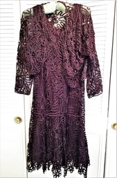 Elegant Formal V-neck Purple Embellished Lace Dress With Bolero Jacket Size 12/14