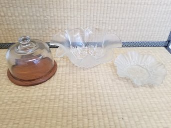 Two Fluted Glass Bowls & Small Cheese Tray With Glass Dome Top