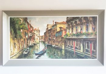 Dramatic Vintage Framed Oil Painting Canal With Gondola & Bridge Venice Italy - Signed By Artist Gino Salviati