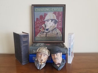 Great Lot Of Sherlock Holmes: Books, Needlepoint, & Pair Of Vintage Bossons Dr. Watson & Sherlock Holmes Heads