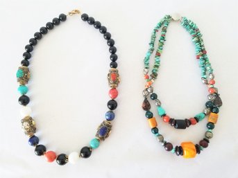 Large Navajo Single Strand Beaded Necklace & Two-Strand Beaded Necklace-Semi Precious Stones