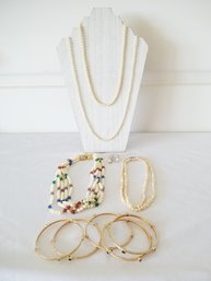 Four Ladies White Pearl & Beaded Necklaces, Pin & Gold Tone Bracelets