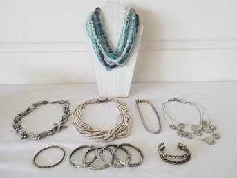 Five Collar Statement Necklaces, Beaded, Glass & Silver Tone With Bracelets