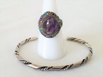 Vintage Chinese Export Silver & Enamel Ring With Amethyst Stone & Thin Sterling Silver Cuff Bracelet