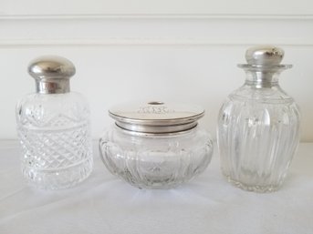 Vintage Sterling Silver Topped Vanity Bottle, Jar & Waterford Vanity Perfume Bottle W/Silver Plate Lid