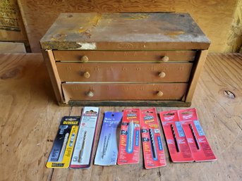 Vintage Huot Brown Painted Metal Drill Bit Tool Box With New Bits-DeWalt, Vermont American & More (Box 2)