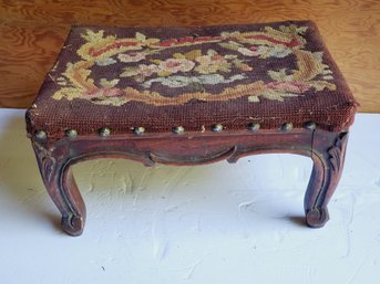 Antique Wood Floral Needlepoint Footstool