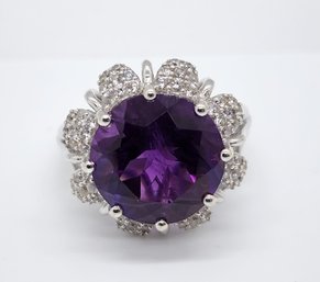 Amethyst, White Zircon Ring In Platinum Over Sterling