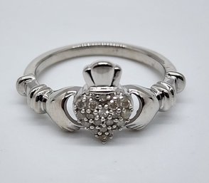 Diamond Claddagh Ring In Platinum Over Sterling