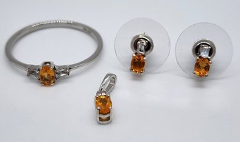 Fire Opal, White Topaz Earrings, Ring & Pendant In Platinum Over Sterling