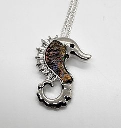 Abalone Shell, Austrian Crystal Seahorse Pendant Necklace In Silvertone