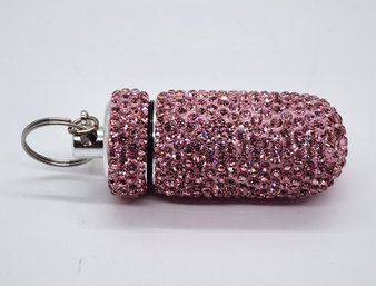 Pink Austrian Crystal Small Pill Case Pendant Necklace And/or Keychain In Stainless & Silvertone