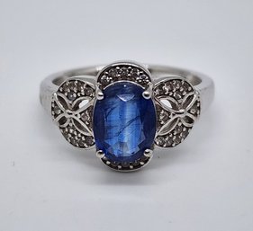 Blue Kyanite, White Zircon, Rhodium Over Sterling Ring