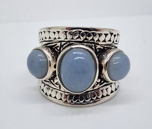 Blue Angelite 3 Stone Ring In Rhodium Over Sterling