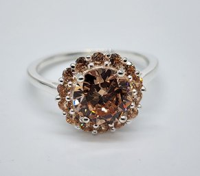 Simulated Champagne Diamond Halo Ring In Sterling