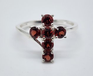 Red Garnet Cross Ring In Sterling Silver