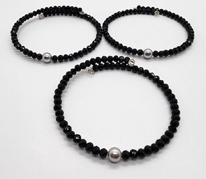 3 Handcrafted Wrap Bracelets Made With Grey Shell Pearls, Black Spinel & Black Beads