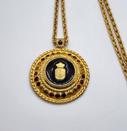 Vintage Liz Claiborne Jeweled Round Medalion Necklace In Gold Tone