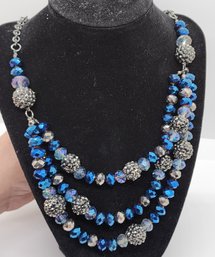 Vintage 3 Strand Necklace With Metallic Blue Grey Beads, Black Metallic Chain