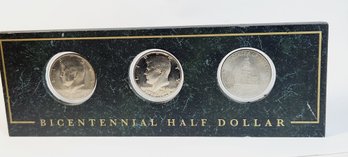 3 Different Kennedy Bicentennial 1976 Half Dollars  In Green Marble Stone Desk Display