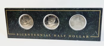 3 Different Kennedy Bicentennial 1976 Half Dollars  In Green Marble Stone Desk Display