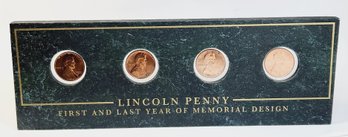 4 Lincoln First And Last Memorial Pennies  In Green Marble Stone Desk Display