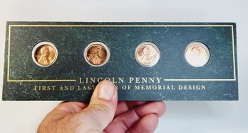 4 Lincoln First And Last Memorial Pennies  In Green Marble Stone Desk Display