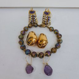 Pretty Assortment Of Pierced Earrings And Beaded Multi Colored  Bracelet Copper Tone, Amethyst And Indian Glit