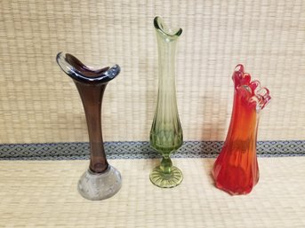 Three Colorful Glass Bud Vases