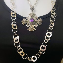 Vintage Sterling Silver Jerusalem Cross Necklace With Purple Stone Plus Mod Silver Link Chain Circle Necklace