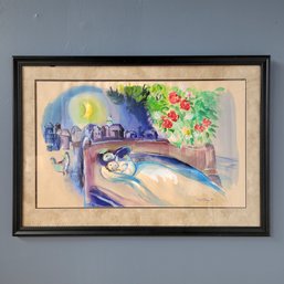 After Marc Chagall Original Framed Watercolor Painting