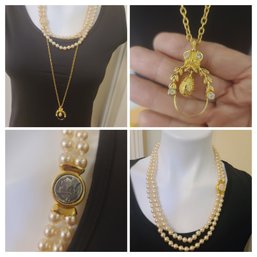 Vintage Joan Rivers Faberge Egg Necklace Paired With Rhinestone/coin Clasp Pearl Necklace