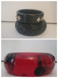 Trio Of Two Black And One Pink/black Lucite Bracelets