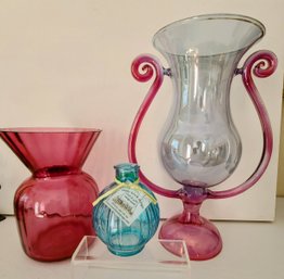 Trio Of Pink And Blue Art Glass Vases