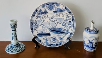 Trio Of Delft China, Plate, Candle Holder, And Jar With Lid