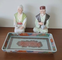 Pair Of Asian Figurines With Asian Plate