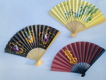 Trio Of Vintage Fans Two From Asia One Is A Mardi Gras Fan