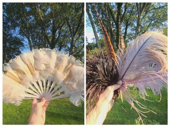 Old Vintage White Feathery Fluff Fan With More Fluffy Feathers