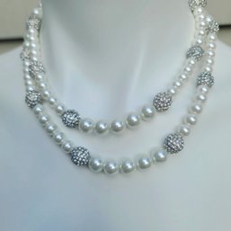 Long Faux Pearl And CZ /Pave Ball Necklace, You Can Around Twice