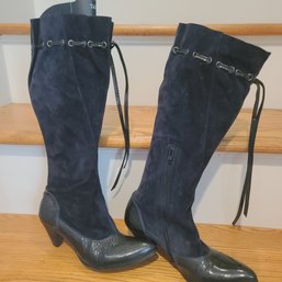 Navy Patent Leather And Navy Blue Suede Boots