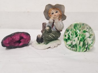 Vintage Art Glass Green & White Floral Paperweight, Purple Quartz Geode & Vintage Ceramic Hobo Girl Figurine