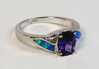 Vintage Amethyst And Iridescent Inlay Sterling Silver Ring