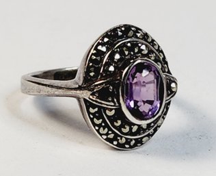 Vintage Sterling Silver Marcasite And Amethyst Stone Ring