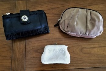 Women's Vintage Brighton Black Leather Wallet, Beaded Change Purse And Laura Mercier Makeup Bag