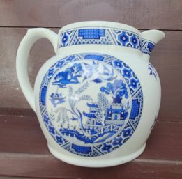 Small Pretty English Blue And White China Pitcher By Sanderson, Farrar, Bentley