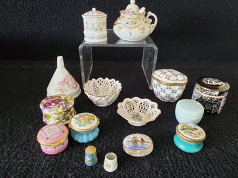 Grouping Of Porcelain Miniatures - Baskets, Thimbles, Trinket Boxes & More