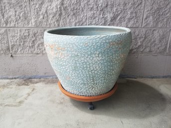 Large Green Textured Painted Terracotta Planter Pot