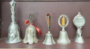 Group Of Five Vintage Silver Tone Bells