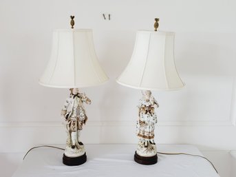 Pair Of Vintage Porcelain Man & Woman Figural Large Table Lamps - Both Work!